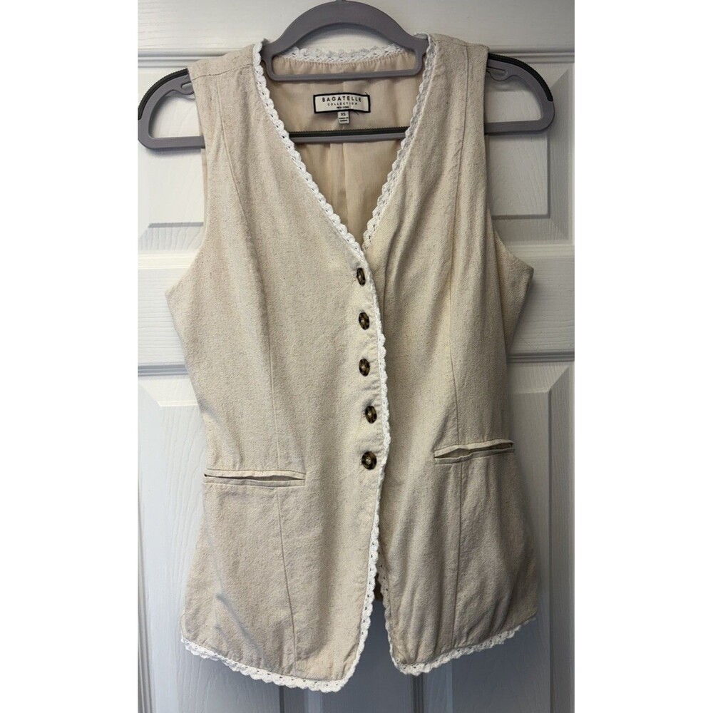 Bagatelle Collection Linen Blend Button Vest Lace Trim V-neck Pockets Sz X Small